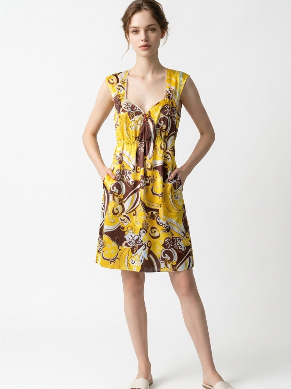 Vintage Johann 60's Yellow Brown Printed Sleeveless Women’s Dress